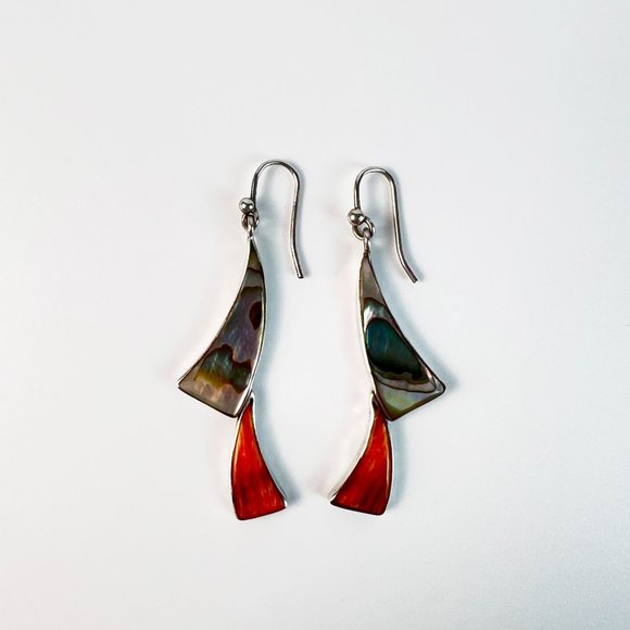 Silver Bezel Set Spiny Oyster & Abalone Shell Dangle Drop Pierced Long Earrings - Picture 6 of 7